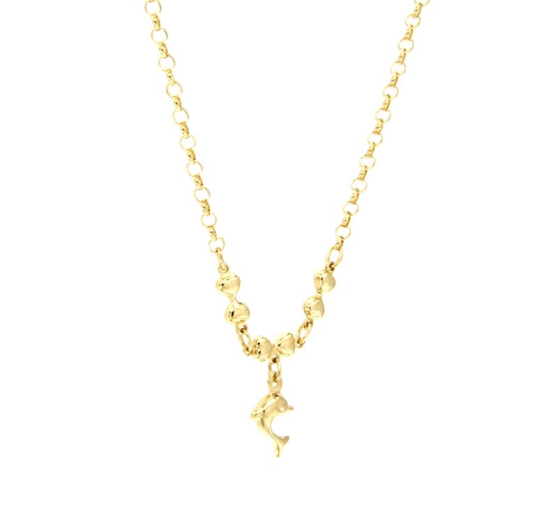 COLLANA ORO GIALLO 750/1000 MAGLIA ROL&Ograve; CON DELFINO PENDENTE E CUORI - CM. 45.5 - 