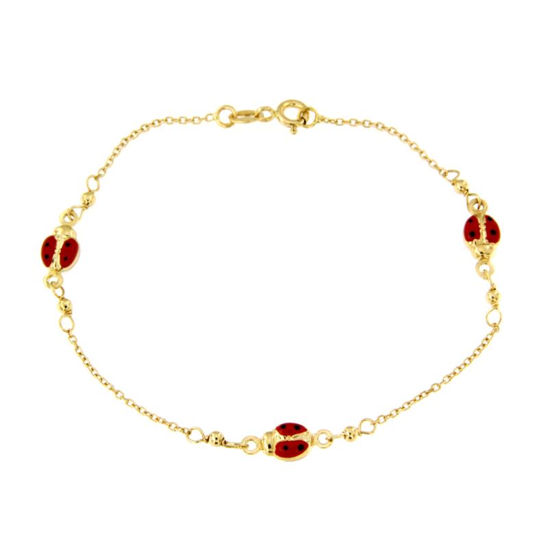 BRACCIALE ORO GIALLO 750/1000 MAGLIA ROL&Ograve; CON COCCINELLE SMALTATE E SFERE- CM 18.5 - 