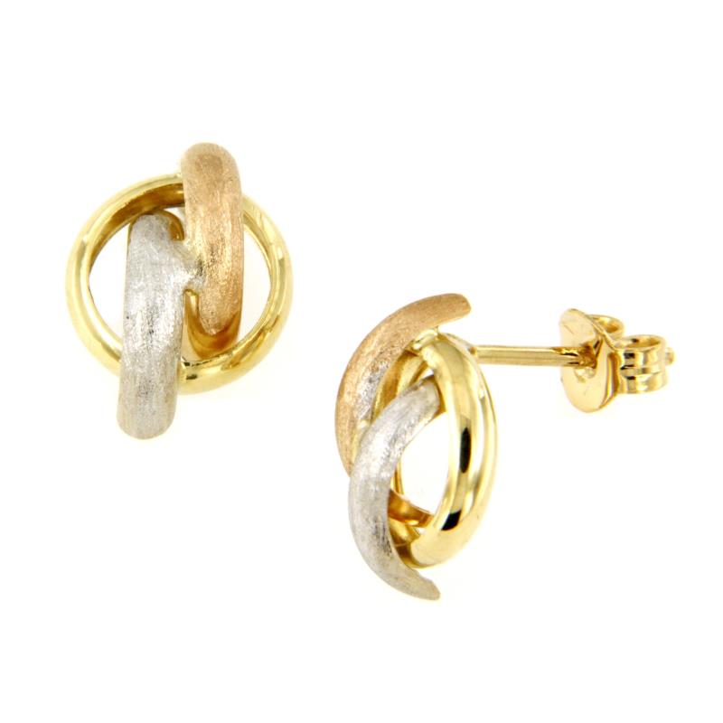 COPPIA ORECCHINI TRE ORI 750/1000 A LOBO SEMI-SATINATI - 
