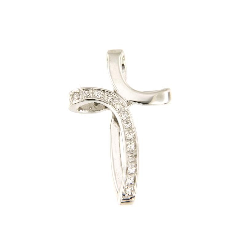 CIONDOLO ORO BIANCO 750/1000 CROCE STILIZZATA CON DIAMANTI TAGLIO BRILLANTE CT 0.05 TOTALI G - SI1 - 