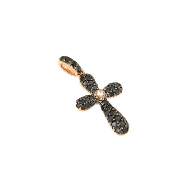 CIONDOLO ORO ROSA 750/1000 CROCE CON PAV&Egrave; DI DIAMANTI TAGLIO BRILLANTE WHITE E BLACK CT 0.40 TOT. CM. 2.1 - 