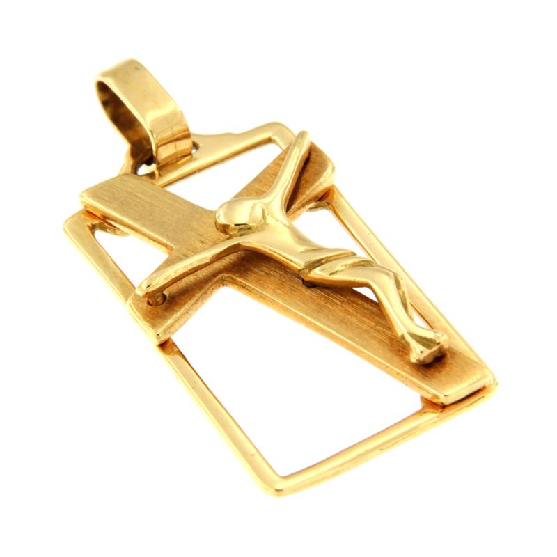 CIONDOLO ORO GIALLO 750/1000 CROCE SEMISATINATA E GESU' - 