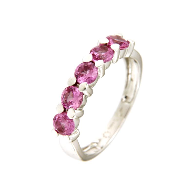 ANELLO ORO BIANCO 750/1000 TIPO VERETTA CON ZAFFIRI ROSA - MIS. 14 (MAX 2 MISURE) - 