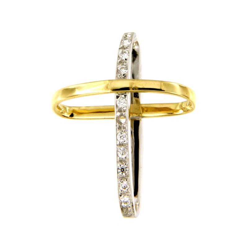 CIONDOLO DUE ORI 750/1000 CROCE CON ZIRCONI - 