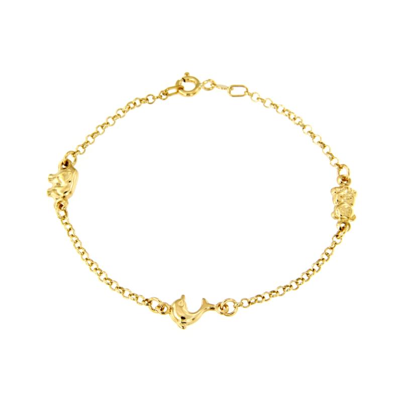 BRACCIALE ORO GIALLO 750/1000 MAGLIA ROLÒ CON ORSETTI E DELIFINO - CM 18 - 