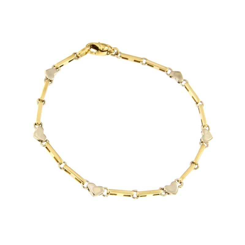 BRACCIALE DUE ORI 750/1000 MAGLIA A SEGMENTI CON CUORI - CM 19,5 - 