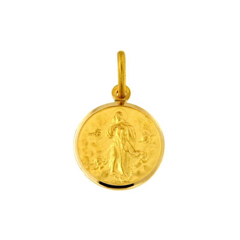 MEDAGLIETTA RELIGIOSA ORO GIALLO 750/1000 TONDA SEMI-SATINATA CON MADONNA - 