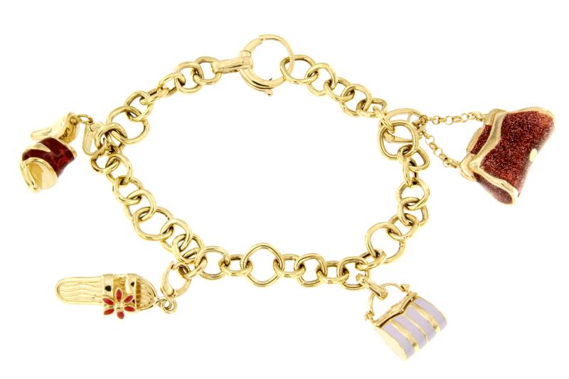 BRACCIALE ORO GIALLO 750/1000 MAGLIA ROLÒ CON ACCESSORI PENDENTI SMALTATI - CM 20.5 - 