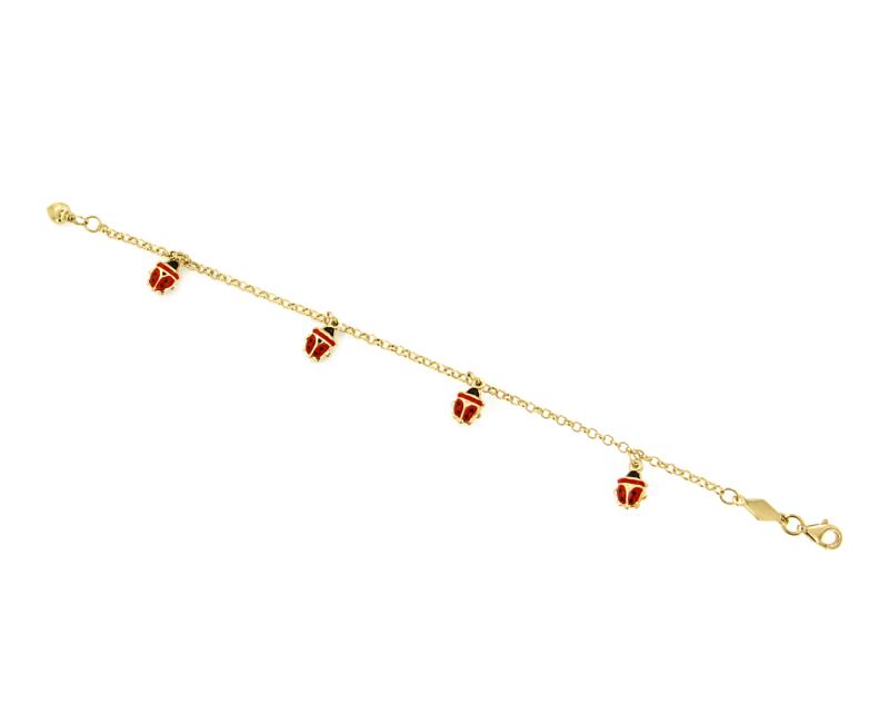 BRACCIALE ORO GIALLO 750/1000 MAGLIA ROL&Ograve; CON COCCINELLE SMALTATE PENDENTI - CM. 15.5 - 