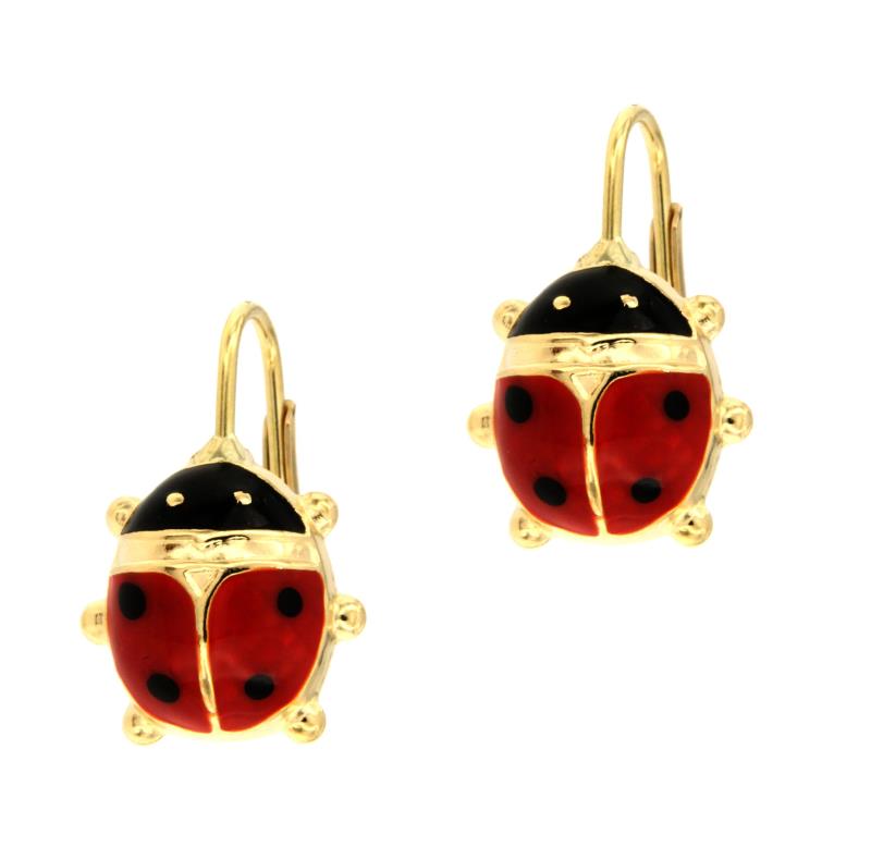 COPPIA ORECCHINI ORO GIALLO  750/1000 MONACHELLE CON COCCINELLE SMALTATE CM. 2 X CM. 1.3 - 