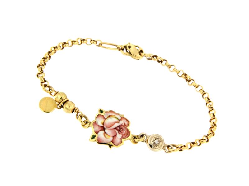 BRACCIALE DUE ORI 750/1000 "GABRIELLA RIVALTA" MAGLIA ROLO' CON ROSA SMALTATA E DIAMANTI DA 0.005 CT - 