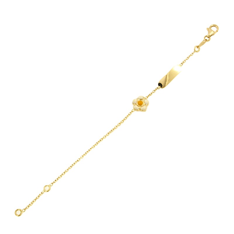 BRACCIALE ORO GIALLO 750/1000 CON TARGHETTA E MARGHERITA SMALTATA - CM. 14.5 - 