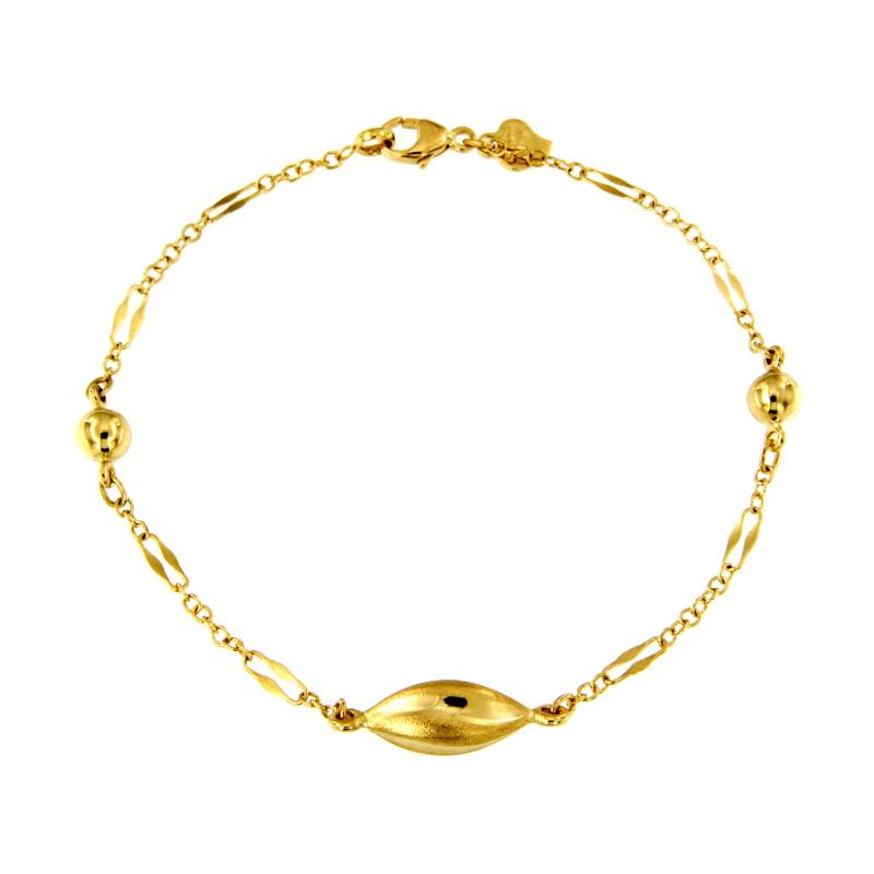 BRACCIALE ORO GIALLO 750/1000 CON SFERE E OVALE CENTRALE SEMISATINATO - CM 19 - 