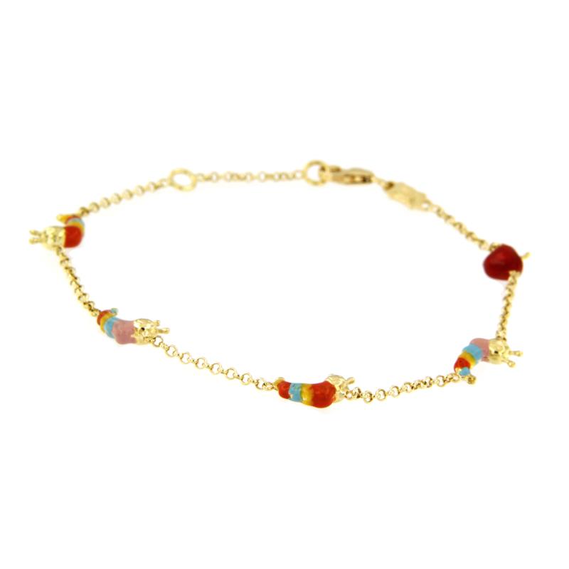 BRACCIALE ORO GIALLO 750/1000 CON BRUCHI E MELE SMALTATI - CM. 18 - 