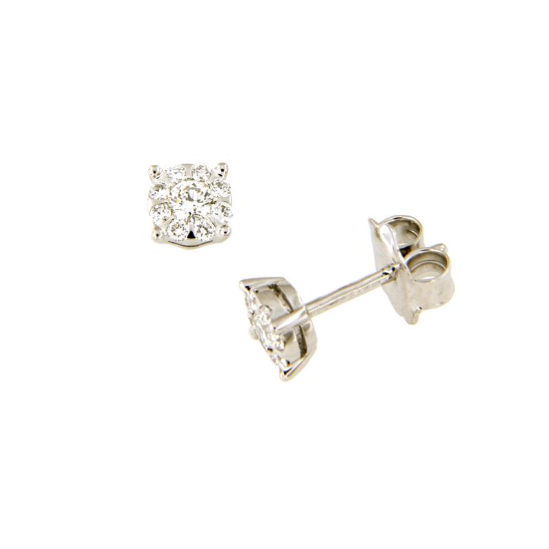 COPPIA ORECCHINI ORO BIANCO 750/1000 PUNTI LUCE A CONTORNO CON DIAMANTI TAGLIO BRILLANTE CT 0.26 TOTALI G - VS2 - 