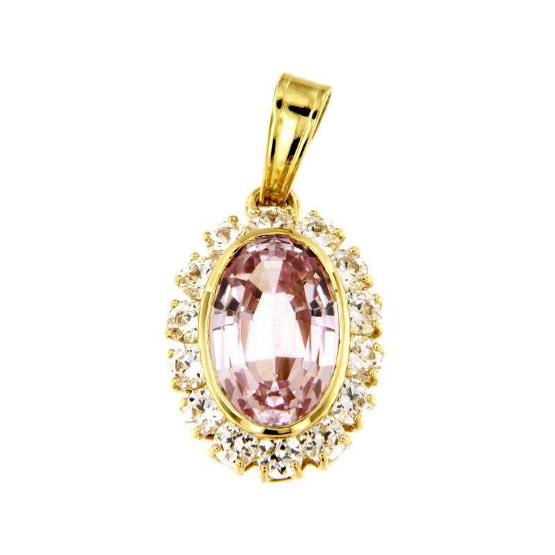 CIONDOLO ORO GIALLO 750/1000 A CONTORNO SINTESI ROSA E ZIRCONI - 