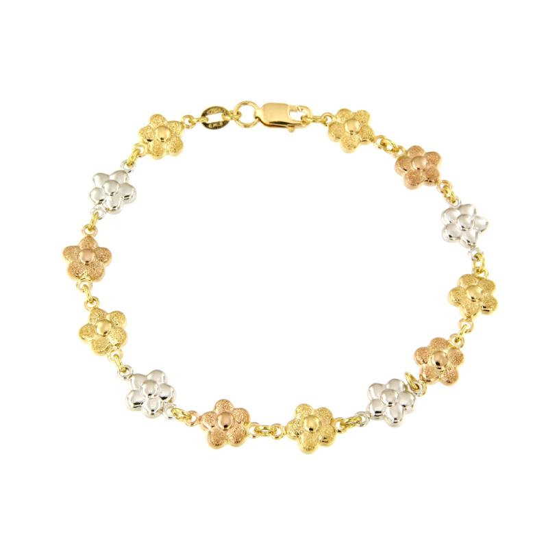 BRACCIALE TRE ORI 750/1000 MAGLIA A FIORI SEMI-DIAMANTATI - CM 19 - 