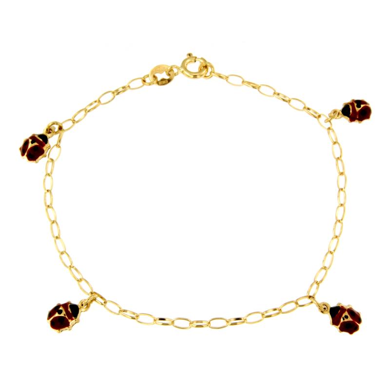 BRACCIALE ORO GIALLO 750/1000 MAGLIA ROLÒ OVALE CON COCCINELLE SMALTATE PENDENTI - CM 18.5 - 