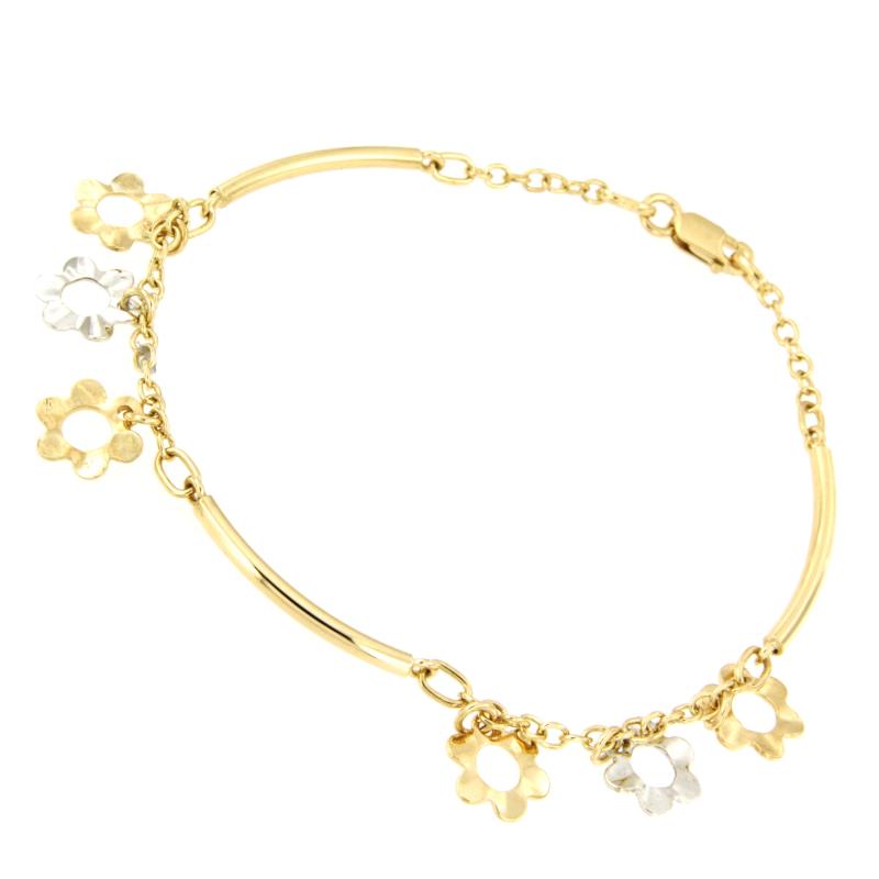 BRACCIALE DUE ORI 750/1000 CON FIORI PENDENTI - CM. 18.5 - 
