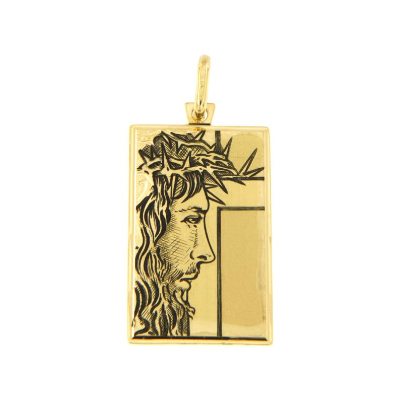 MEDAGLIETTA RELIGIOSA ORO GIALLO 750/1000 RETTANGOLARE SEMI-SATINATA CON VOLTO DI CRISTO SMALTATO - 