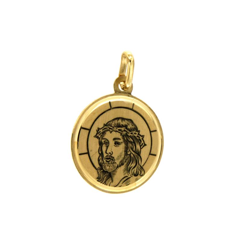  CIONDOLO ORO GIALLO 750/1000 MEDAGLIA RELIGIOSA TONDA CON VOLTO DI CRISTO E SMALTO - 