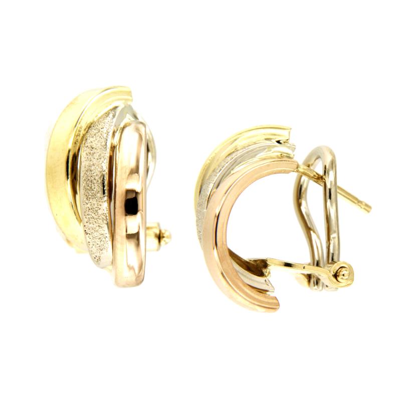 COPPIA ORECCHINI TRE ORI 750/1000 SEMI-DIAMANTATI CON PERNO E CLIPS - 