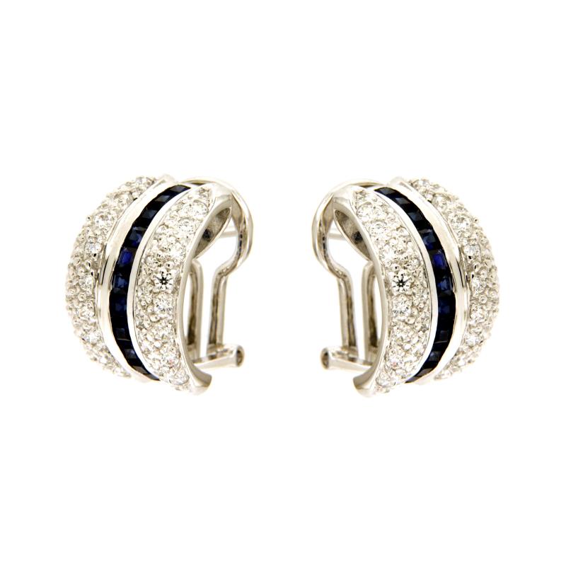 COPPIA ORECCHINI ORO BIANCO 750/1000 CLIP CON PAV&Egrave; DI ZIRCONI E SINTESI BLU - 