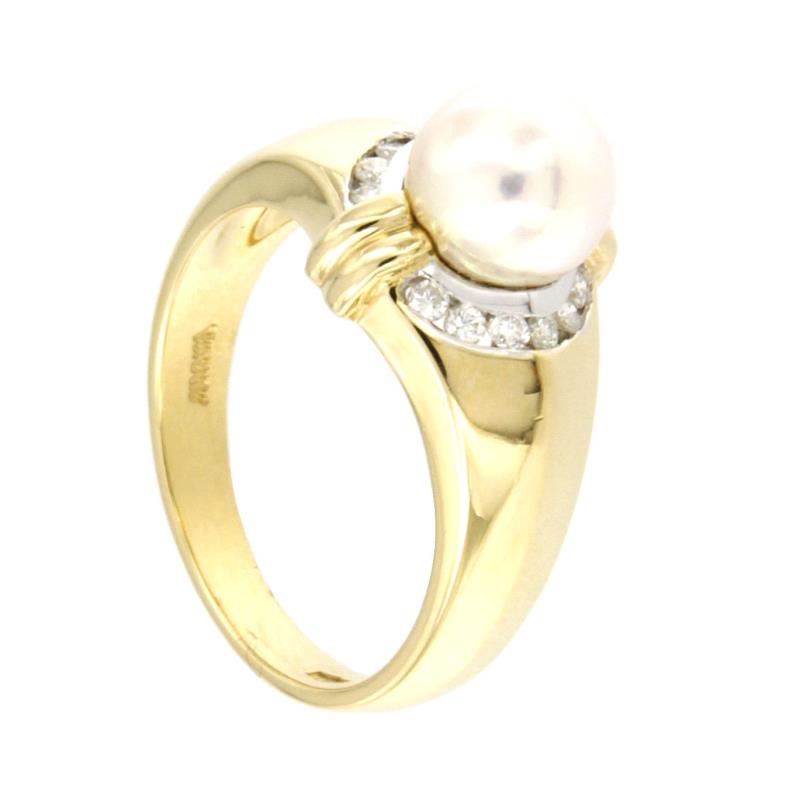 ANELLO DUE ORI 750/1000 CON PERLA MM 7.50 E DIAMANTI TAGLIO BRILLANTE CT 0.12 TOTALI H  SI1  MIS 15 - 