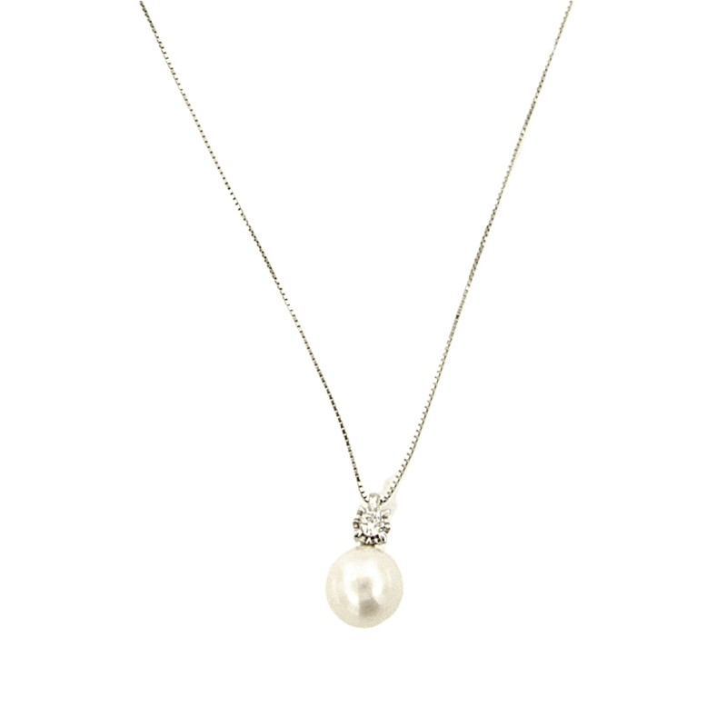 CATENA CON PENDENTE ORO BIANCO 750/1000 PUNTO LUCE CON DIAMANTE TAGLIO BRILLANTE CT 0.07 G - SI3 E PERLA AKOYA MM. 8.50/9.00 - CM. 42.5 - 