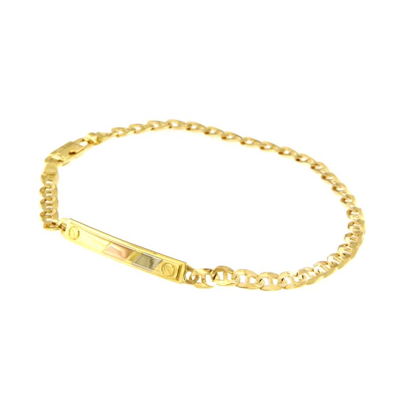 BRACCIALE TRE ORI 750/1000 MAGLIA GRUMETTA CON TRAVERSINO E TARGHETTA - CM. 21 - 