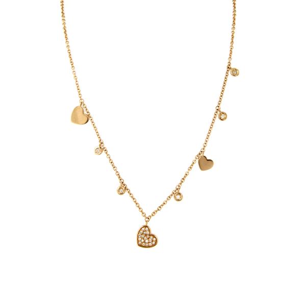 GIROCOLLO ORO ROSA 750/1000 CON CUORI PENDENTI E DIAMANTI TAGLIO BRILLANTE CT 0.15 TOTALI G - VS2 - CM 42 - 