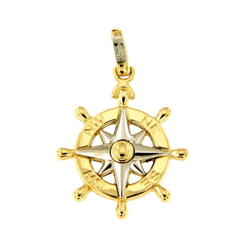 CIONDOLO DUE ORI 750/1000 TIMONE CON ROSA DEI VENTI - 