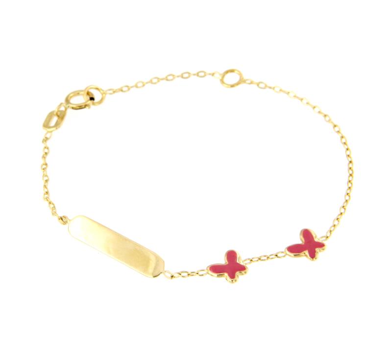 BRACCIALE ORO GIALLO 750/1000 CON TARGHETTA E FARFALLE SMALTATE - CM. 14 - 