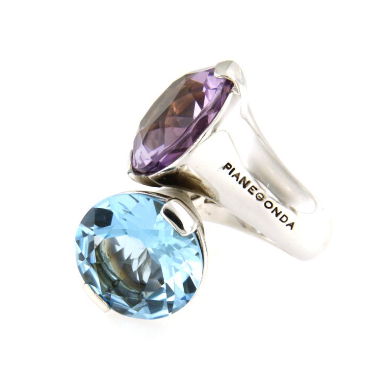 PIANEGONDA - ANELLO - ARGENTO 925/1000 - MODELLO COSMIC DROP CON AMETISTA E TOPAZIO AZZURRO MI. 12 - 