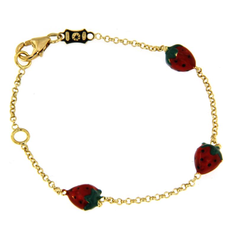 BRACCIALE ORO GIALLO 750/1000 E FRAGOLE SMALTATE - CM 14.5 - 