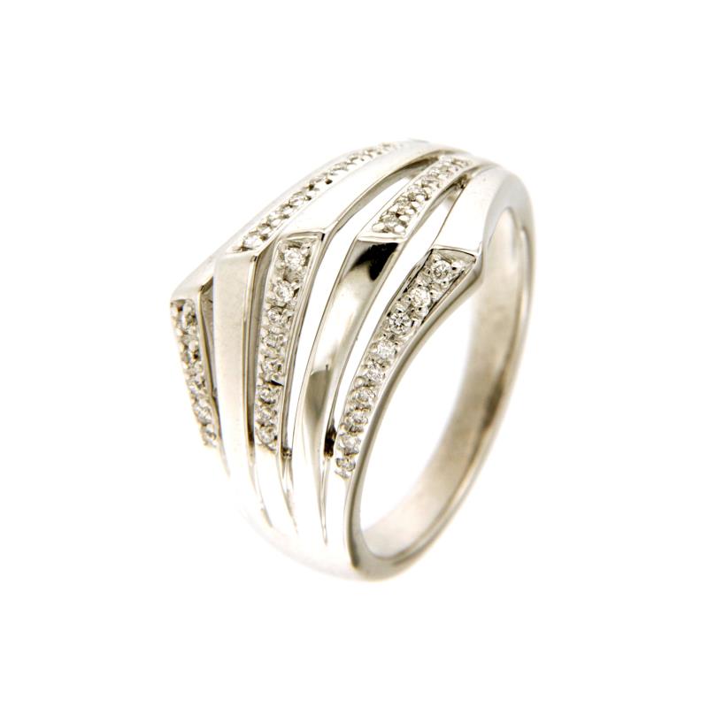 ANELLO ORO BIANCO 750/1000 FASCIONE TRIANGOLARE TRAFORATO CON DIAMANTI TAGLIO BRILLANTE CT 0.15 TOTALI H - SI2 - MIS. 14  (MAX 2 MISURE) - 