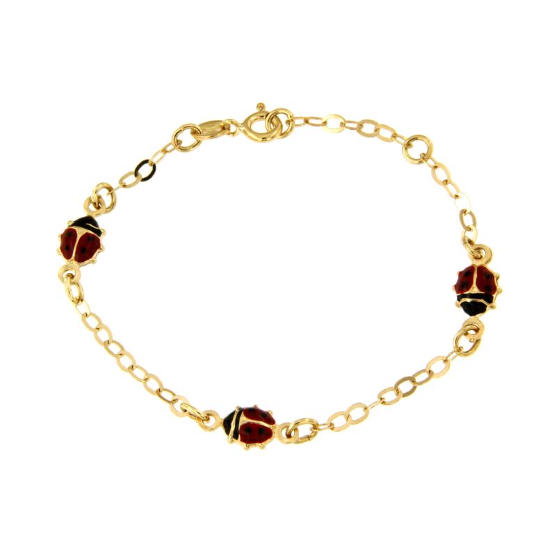 BRACCIALE ORO GIALLO 750/1000 MAGLIA ROL&Ograve; CON COCCINELLE SMALTATE - CM 14.5 - 