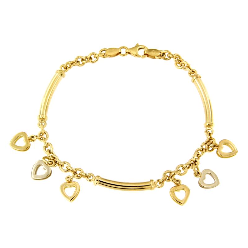 BRACCIALE DUE ORI 750/1000 MAGLIA MISTA CON CUORI PENDENTI - CM18.5 - 