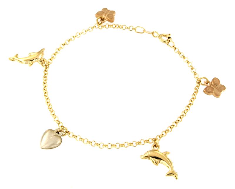 BRACCIALE TRE ORI 750/1000 CON PENDENTI SEMI-SATINATI - CM. 19 - 