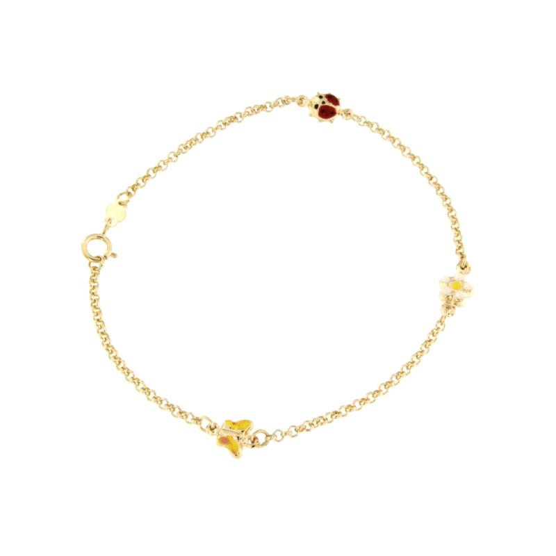 BRACCIALE ORO GIALLO 750/1000 CON COCCINELLA-FARFALLA-MARGHERITA SMALTATI - CM 18 - 