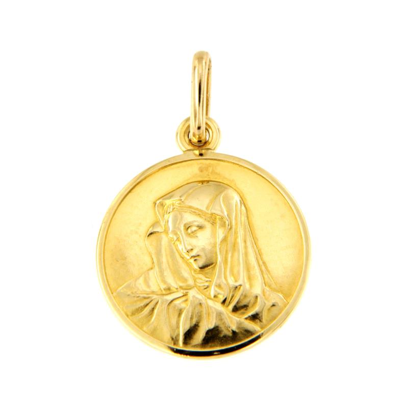 MEDAGLIETTA RELIGIOSA ORO GIALLO 750/1000 TONDA SEMI-SATINATA CON MADONNA - 