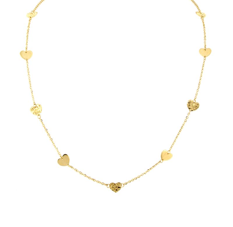 GIROCOLLO ORO GIALLO 750/1000 MAGLIA ROL&Ograve; CON CUORI LISCI E MARTELLATI - CM. 45 - 