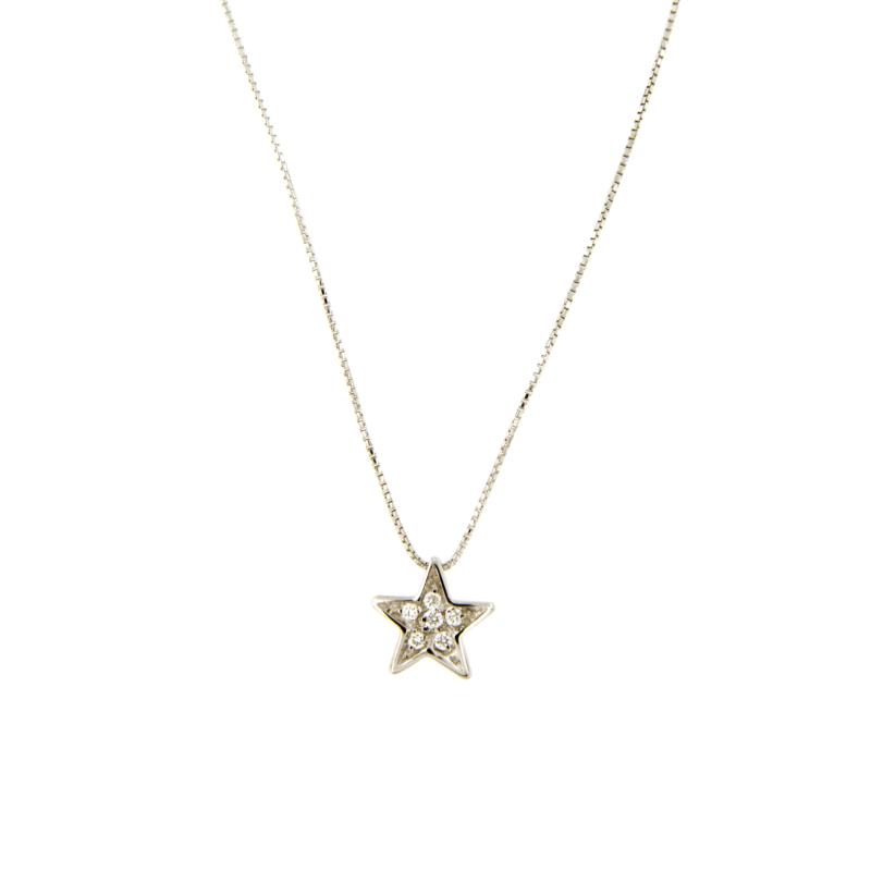 CATENA CON PENDENTE ORO BIANCO 750/1000 STELLA A PAV&Egrave; DI DIAMANTI TAGLIO BRILLANTE CT 0.03 TOTALI G - SI3 - CM. 40 - 