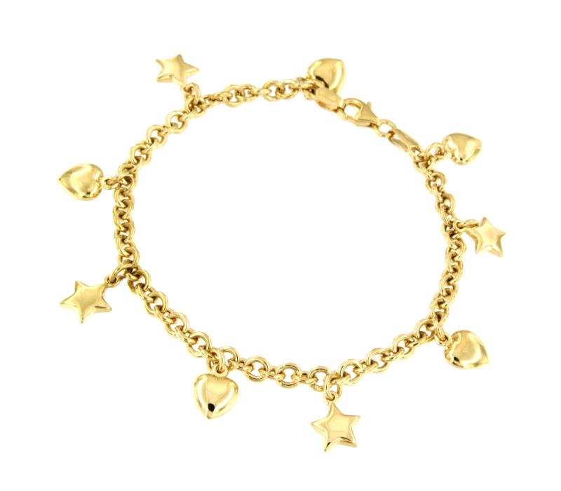 BRACCIALE ORO GIALLO 750/1000 MAGLIA ROLÒ CON STELLE E CUORI PENDENTI - CM. 17.5 - 