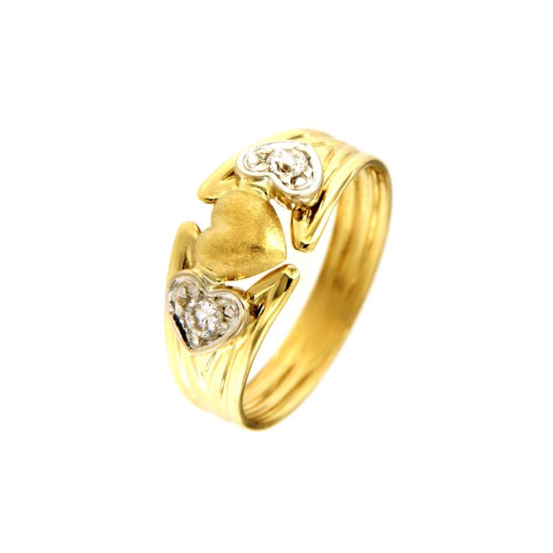 ANELLO DUE ORI 750/1000 SEMI-SATINATO CUORI CON ZIRCONI - MIS. 11 - 