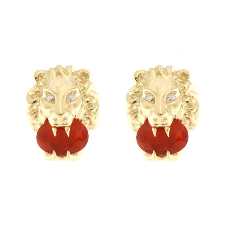 GUCCI - COPPIA ORECCHINI - ORO GIALLO 50/1000 TESTA DI LEONE CON RUBINO OVALE E DIAMANTI TAGLIO BRILLANTE CT 0.04 TOTALI - GUCCI