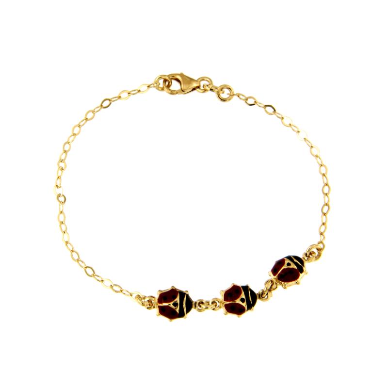 BRACCIALE ORO GIALLO 750/1000 MAGLIA ROL&Ograve; CON COCCINELLE SMALTATE - CM 15 - 