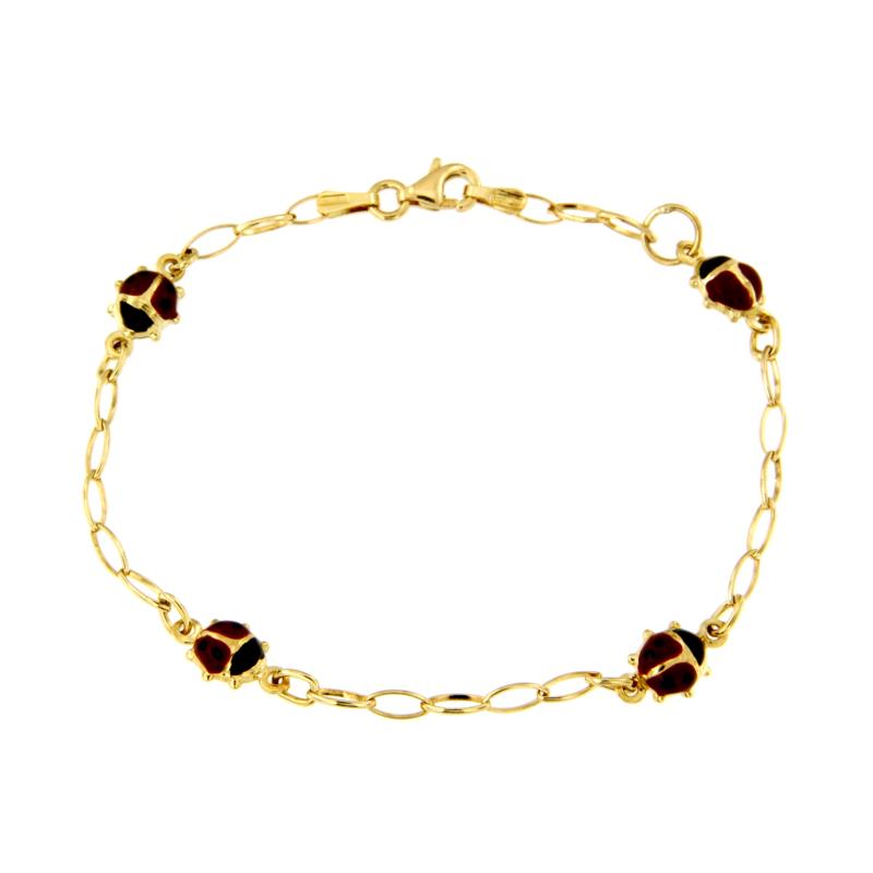 BRACCIALE ORO GIALLO 750/1000 MAGLIA ROLÒ OVALE CON COCCINELLE SMALTATE - CM 18.5 - 