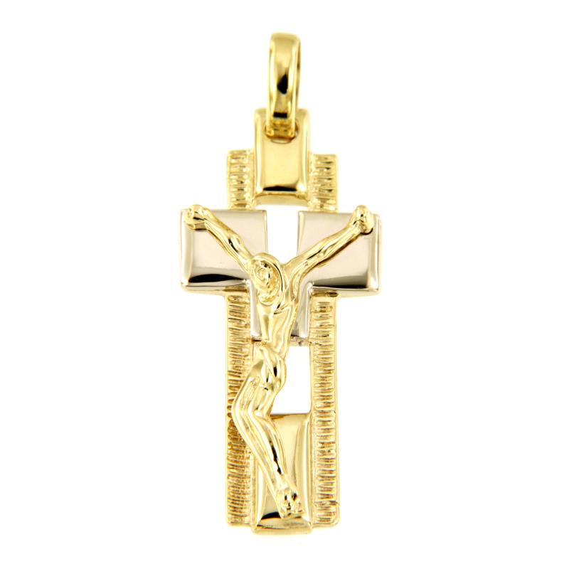 CIONDOLO DUE ORI 750/1000 CROCEFISSO LAVORATO - 