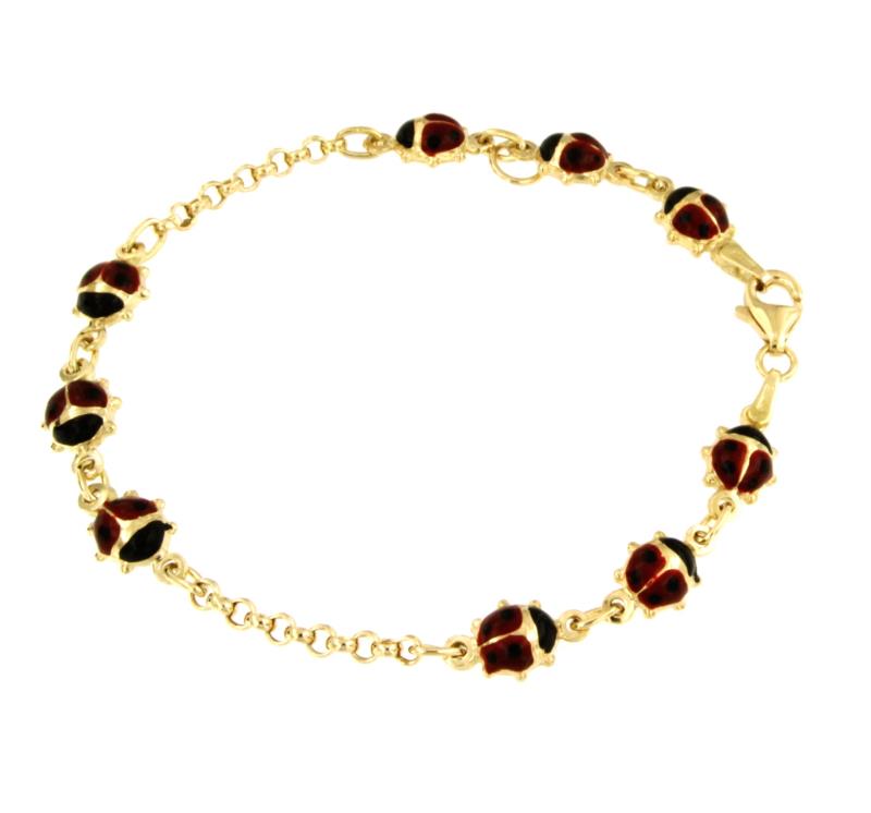 BRACCIALE ORO GIALLO 750/1000 CON COCCINELLE SMALTATE - CM. 17.5 - 